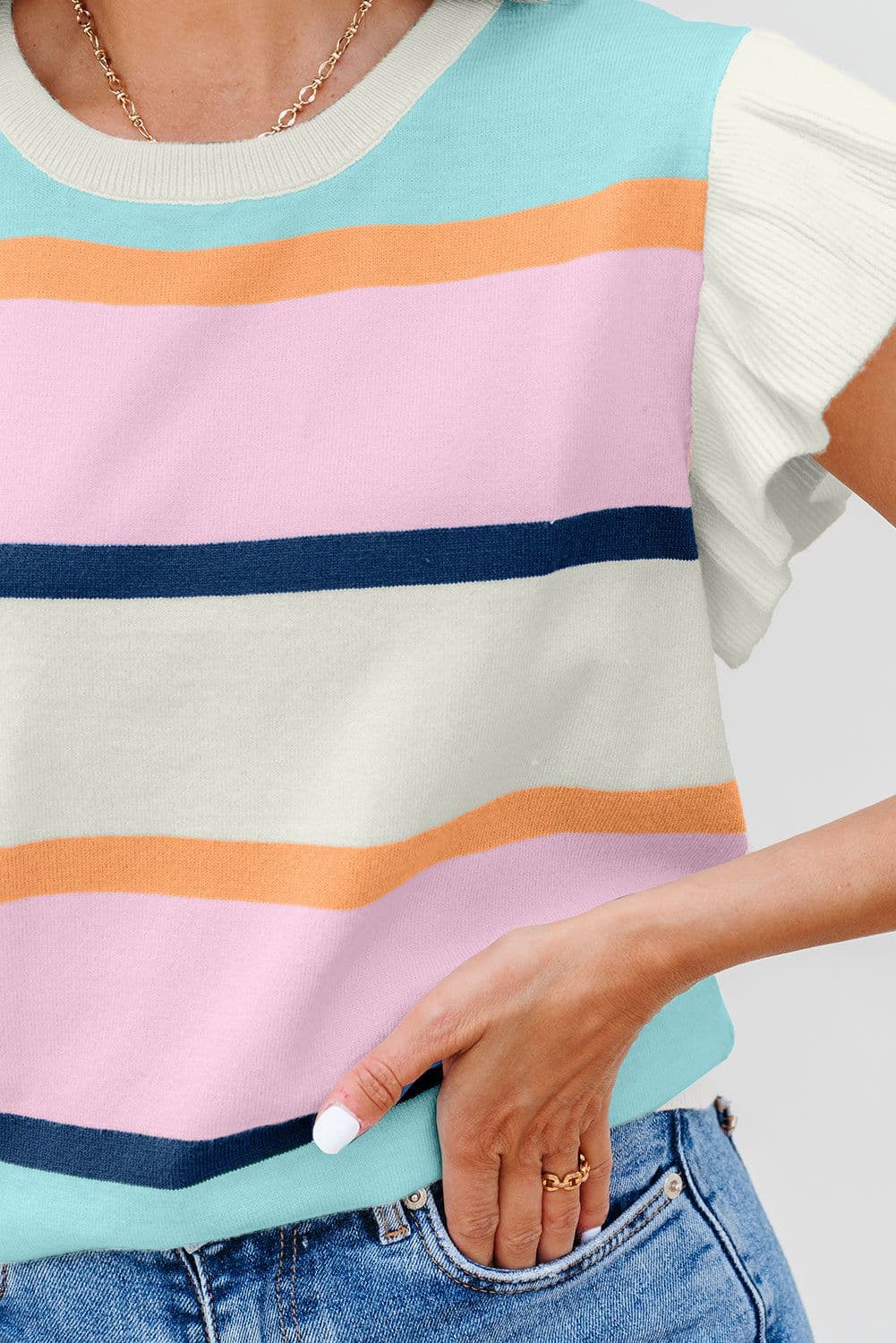 image-Multicolor Striped Flutter Sleeve Sweater Top