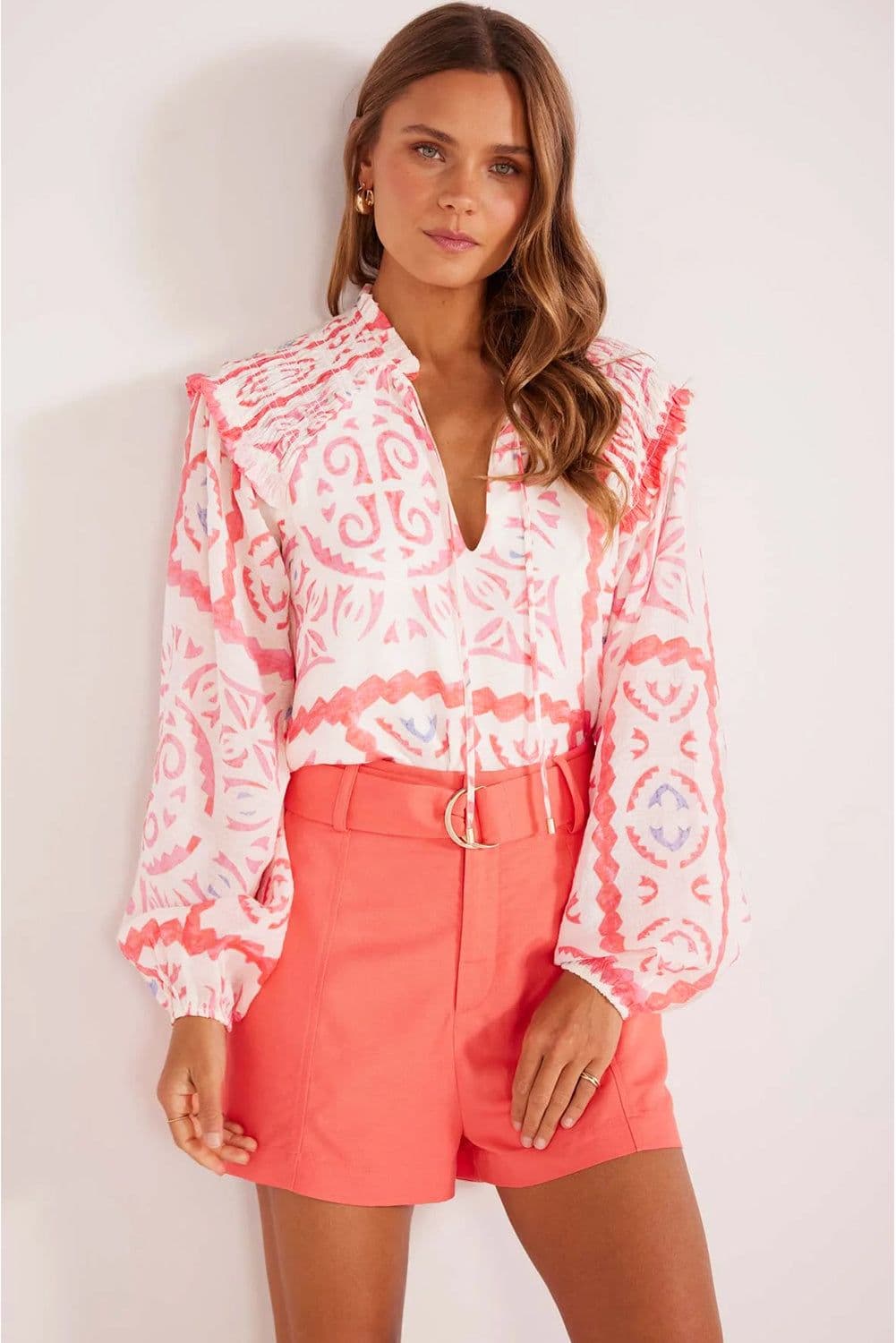 image-Vintage Desert Flower Blouse with Poet Collar & Billowy Sleeves