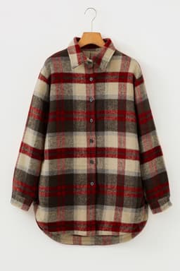 image-Red Brushed Plaid Buttoned Front Side Slit Tunic Shacket