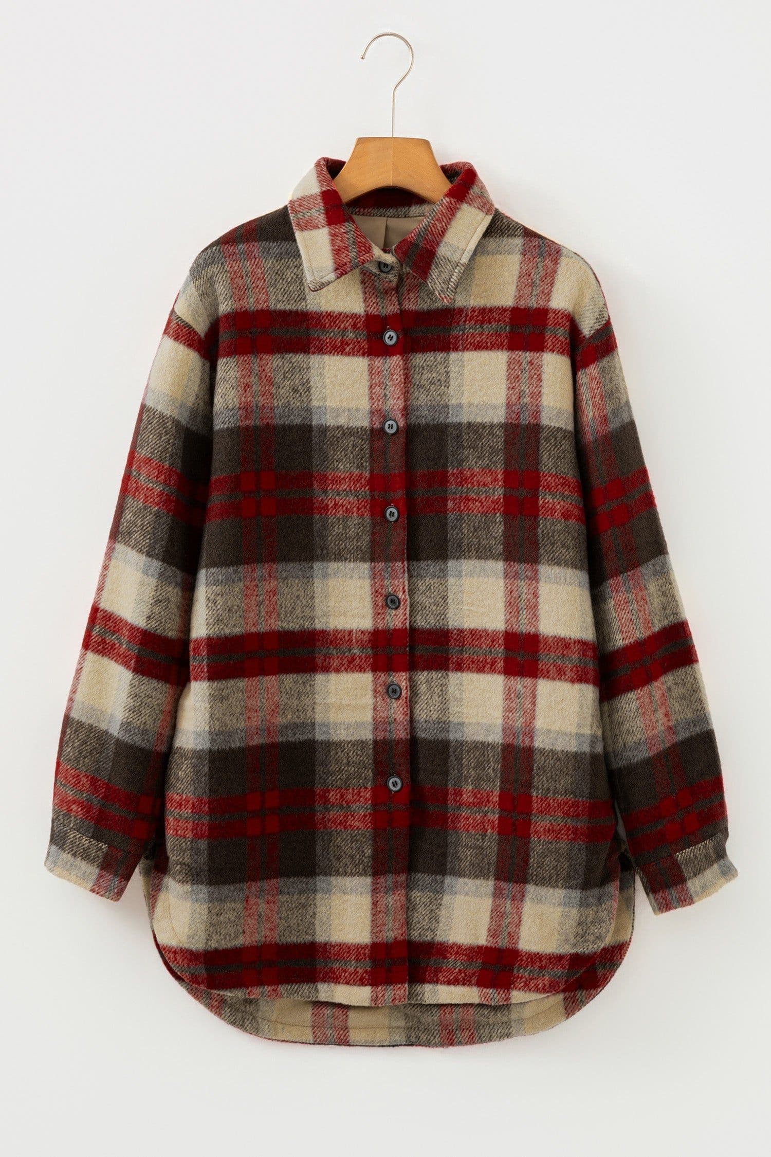 image-Red Brushed Plaid Buttoned Front Side Slit Tunic Shacket
