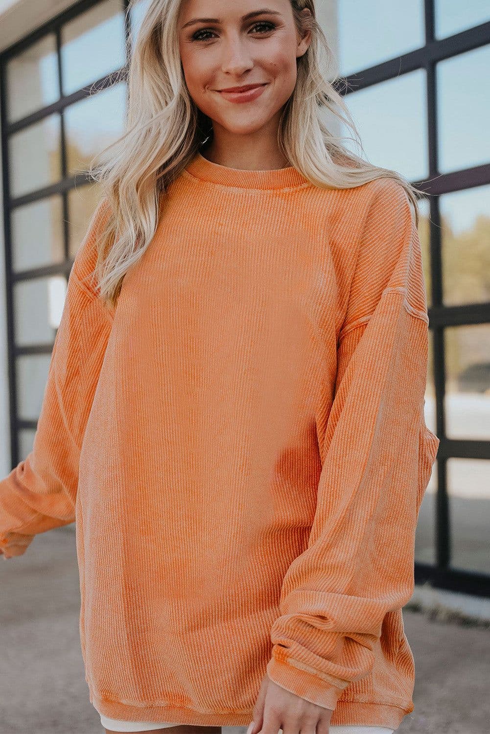 image-Strawberry Pink Ribbed Corded Oversized Sweatshirt