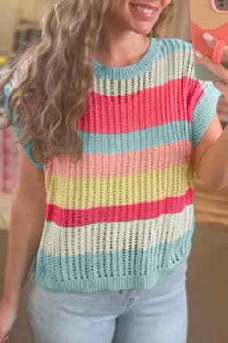 image-Green Stripe Color Block Hollow Out Knit Short Sleeve Sweater