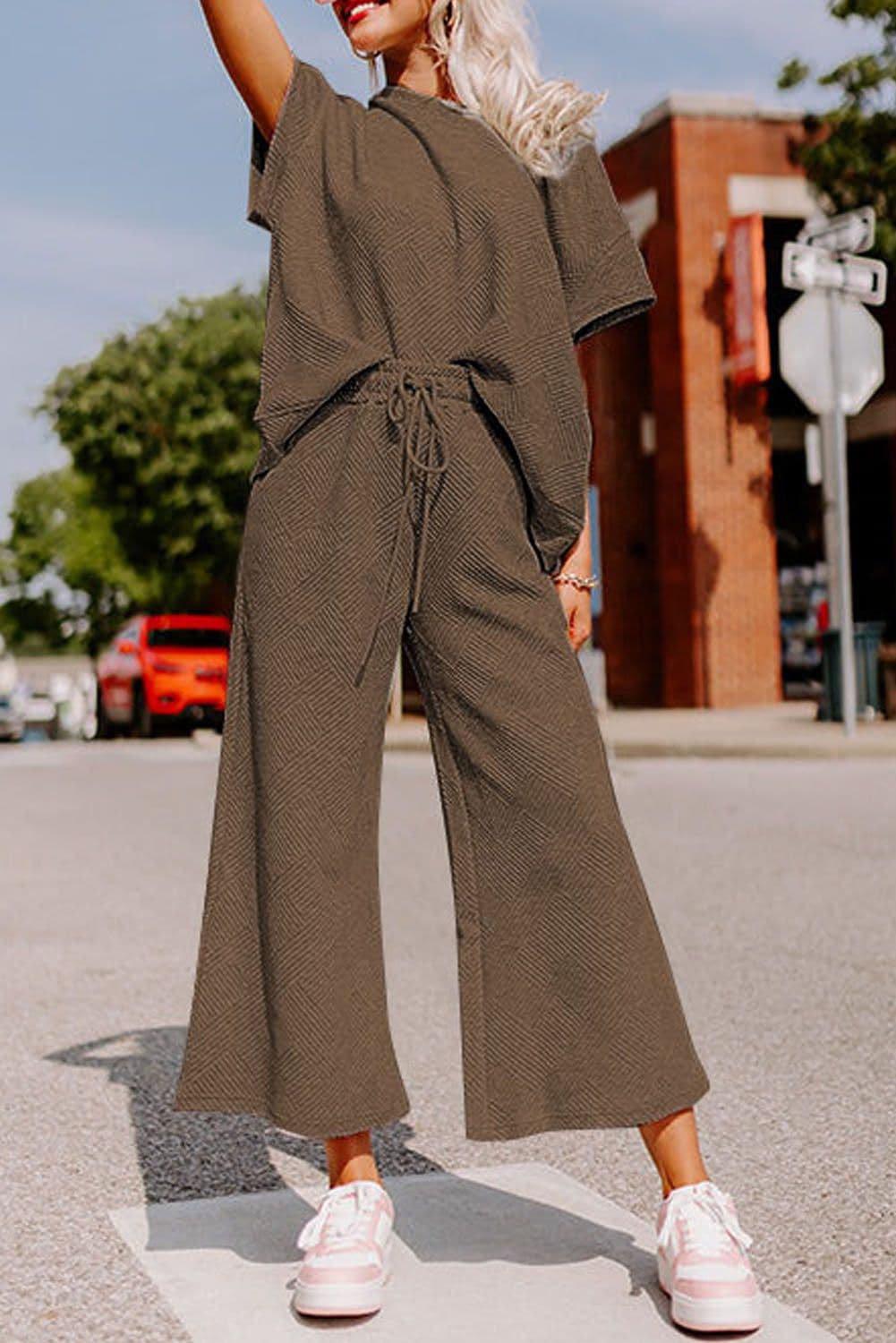 image-Strawberry Pink Textured Loose Fit T Shirt and Drawstring Pants Set