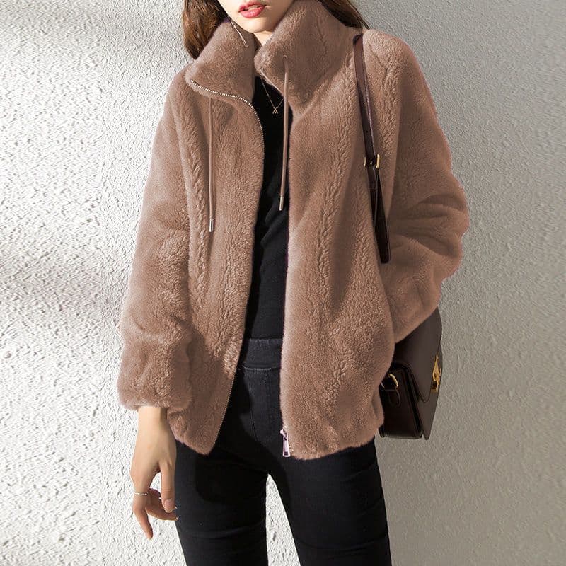 image-Double Faced Fleece Warm High Neck Sweater Women Cardigan