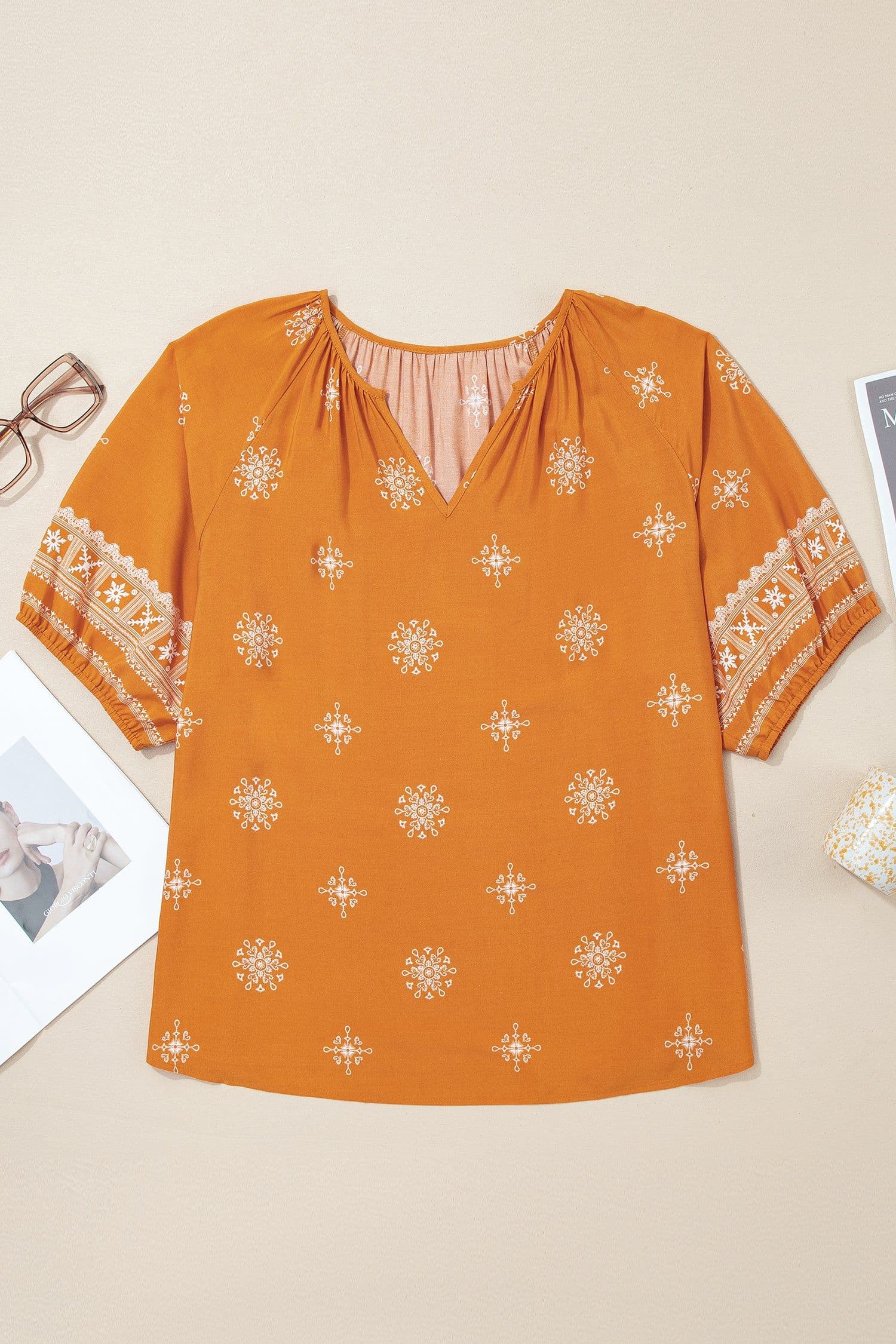 image-Yellow Floral Boho Chic Top - Plus Size Notched V-Neck Short Sleeve