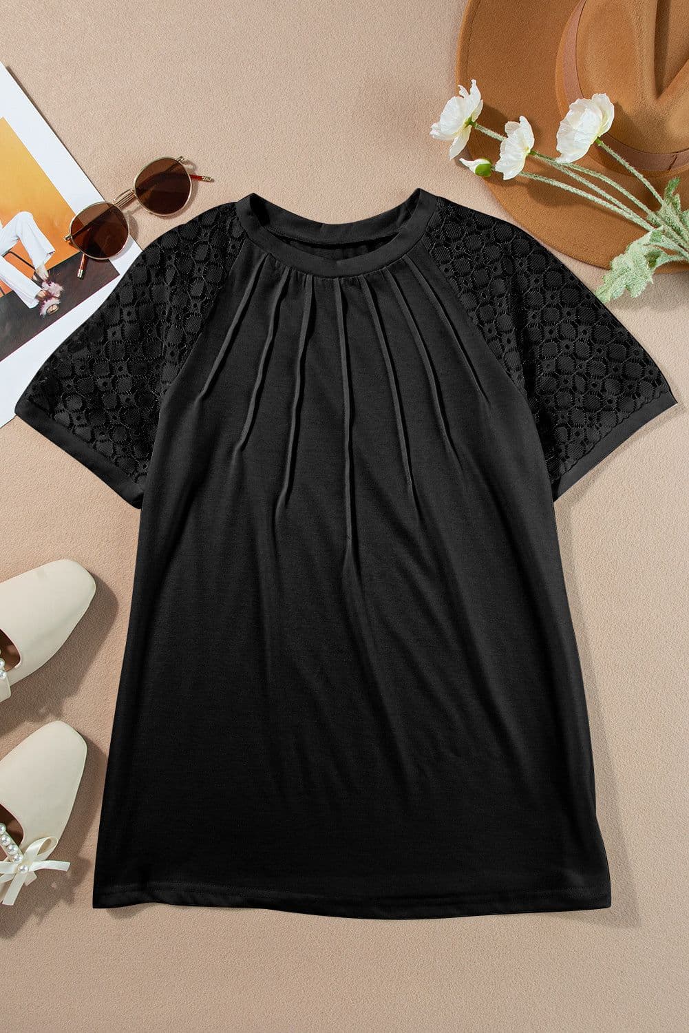 image-Khaki Contrast Lace Raglan Sleeve Tee - Casual Short Sleeve Top