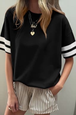 image-Black Varsity Striped Short Sleeve Crew Neck T-Shirt