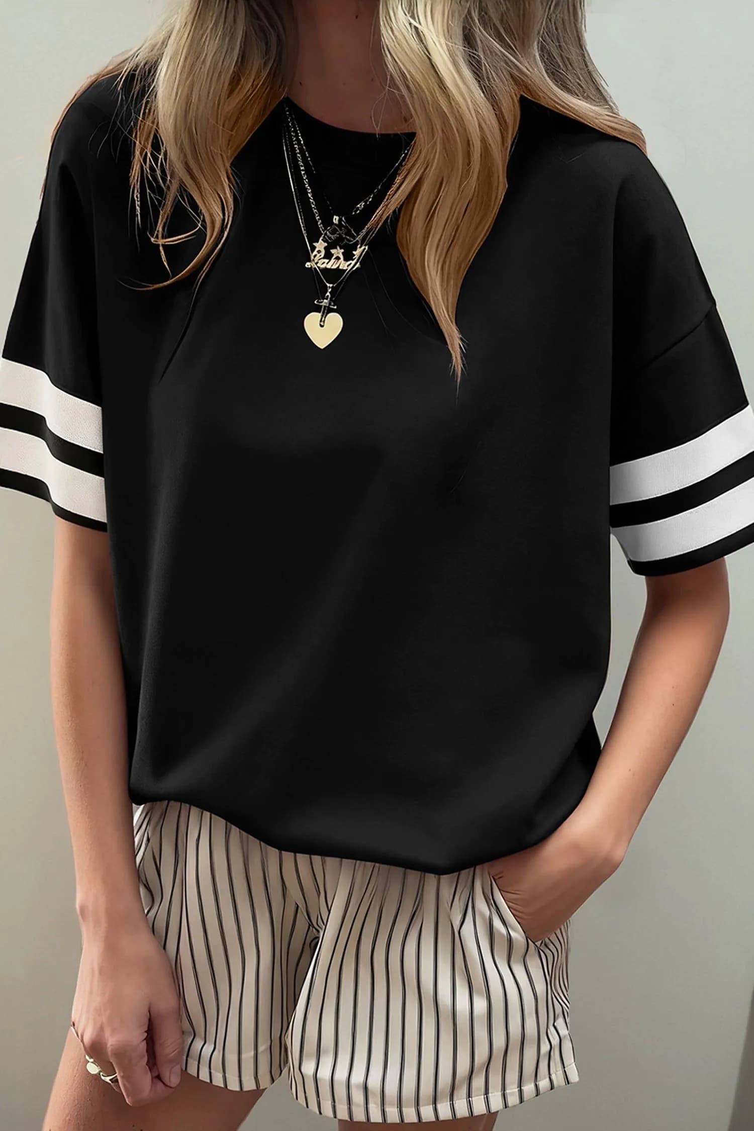 image-Black Varsity Striped Short Sleeve Crew Neck T-Shirt