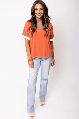 image-Contrast Trim V-Neck T-shirt - Grapefruit Orange