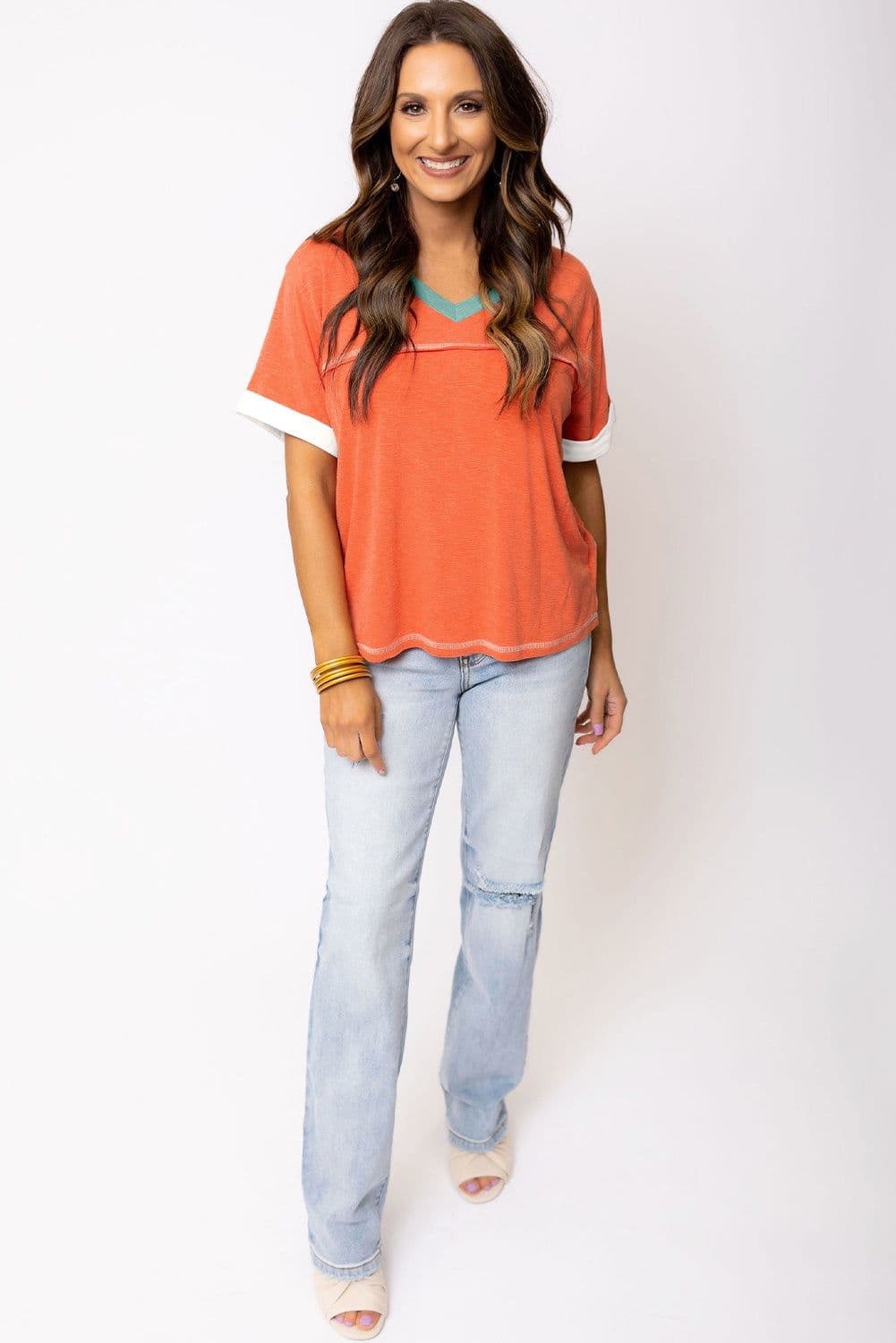 image-Contrast Trim V-Neck T-shirt - Grapefruit Orange