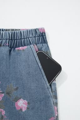 image-Blue Floral Print Elastic Waist Casual Jeans (50 characters)