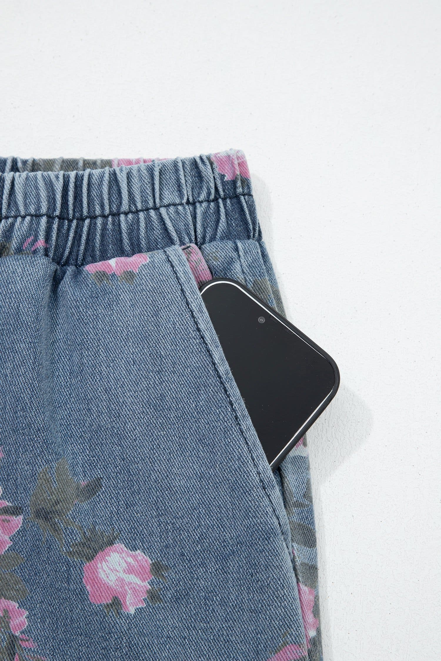 image-Blue Floral Print Elastic Waist Casual Jeans (50 characters)
