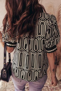 image-Black Geometric Print Contrast Scallop Color Block Patchwork Short Sleeve Blouse