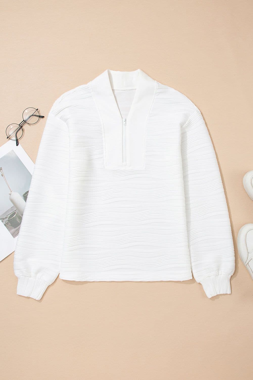 image-White Zip V Neck Textured Sweatshirt