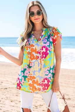 image-Leopard Flutter Sleeve V Neck Crinkled Blouse - Multicolour