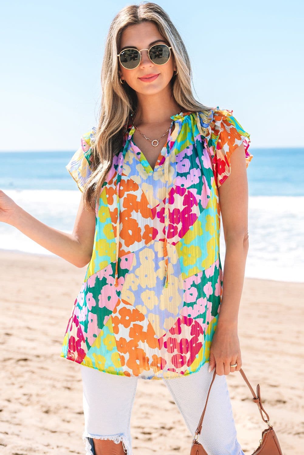 image-Leopard Flutter Sleeve V Neck Crinkled Blouse - Multicolour