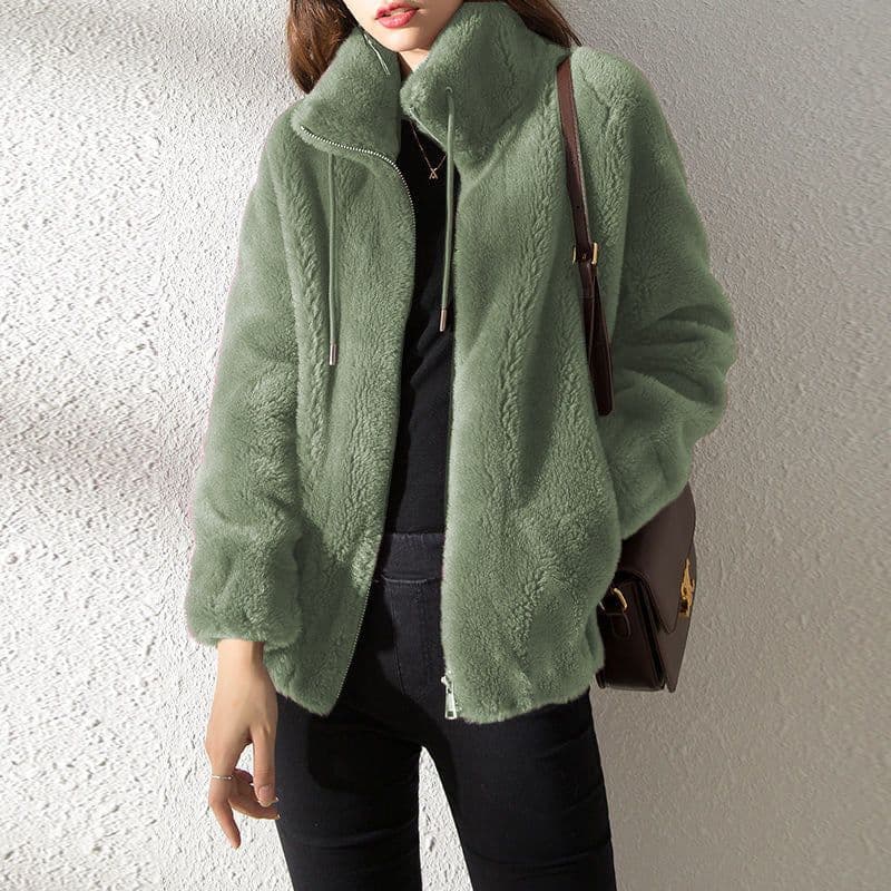image-Double Faced Fleece Warm High Neck Sweater Women Cardigan