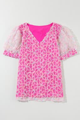 image-Bonbon Flowery Mesh Puff Sleeve Blouse - V-Neck