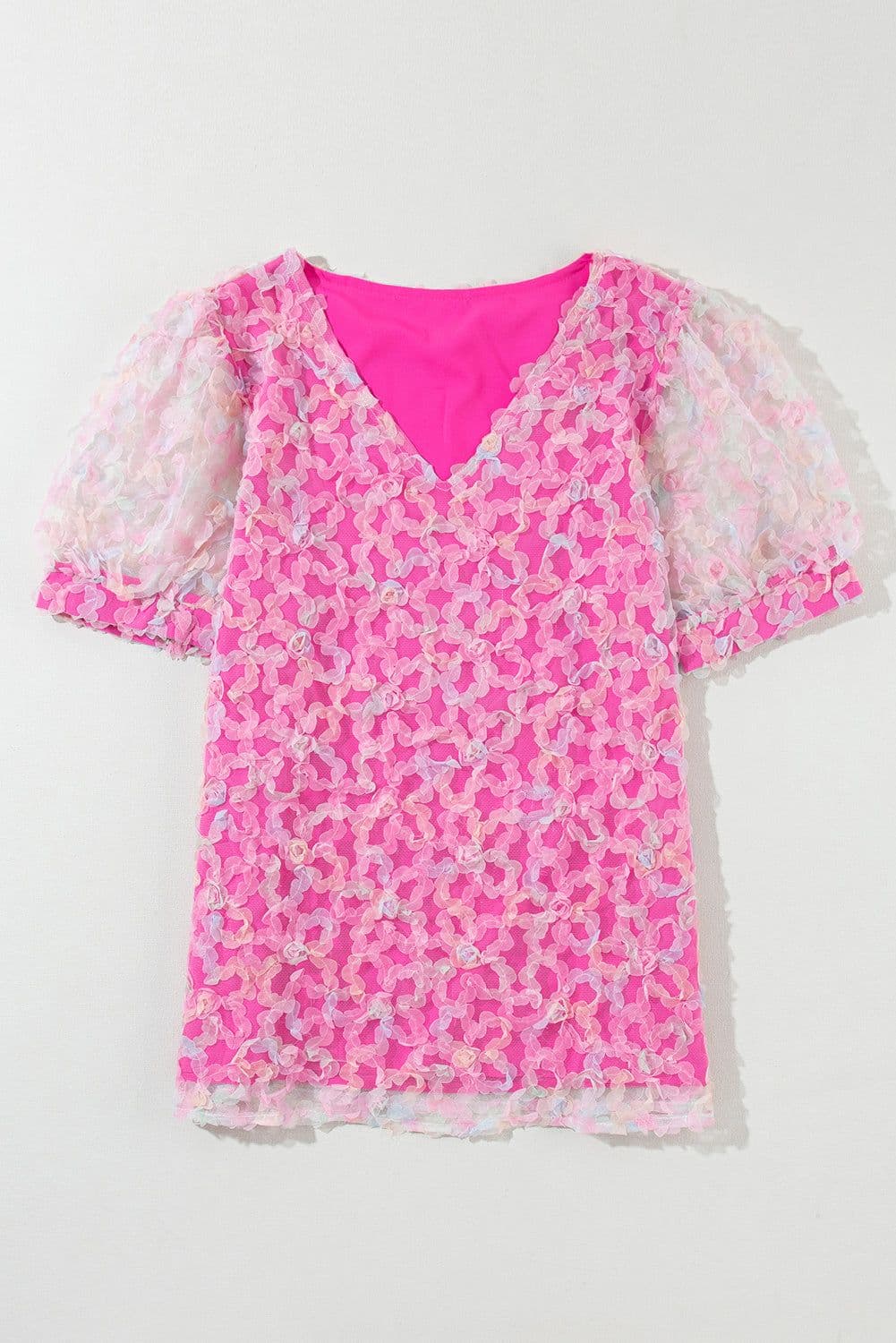 image-Bonbon Flowery Mesh Puff Sleeve Blouse - V-Neck