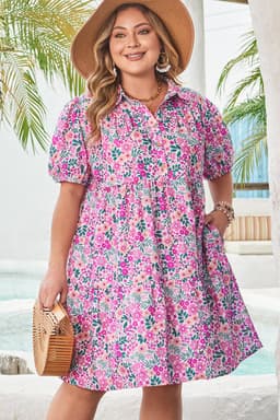 image-Pink Plus Size Floral Puff Sleeve A-Line Dress