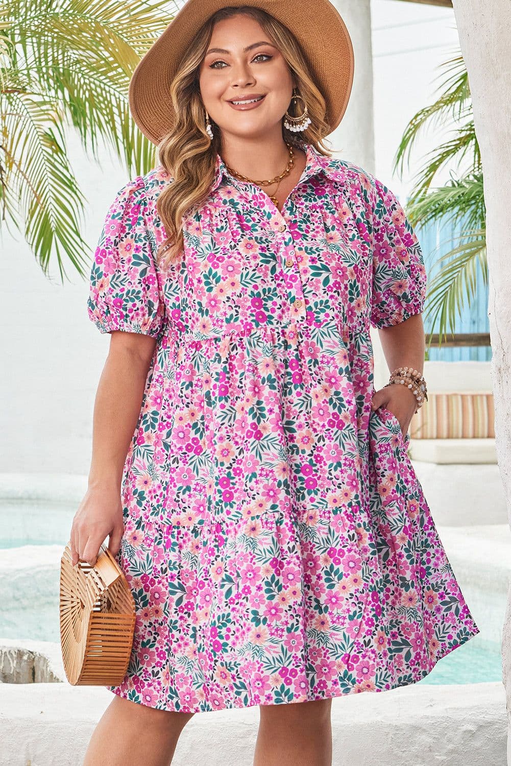 image-Pink Plus Size Floral Puff Sleeve A-Line Dress