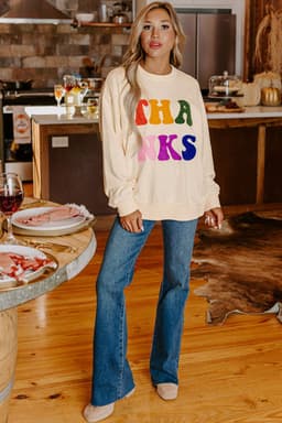 image-Apricot THANKS Chenille Embroidered Drop Shoulder Sweatshirt