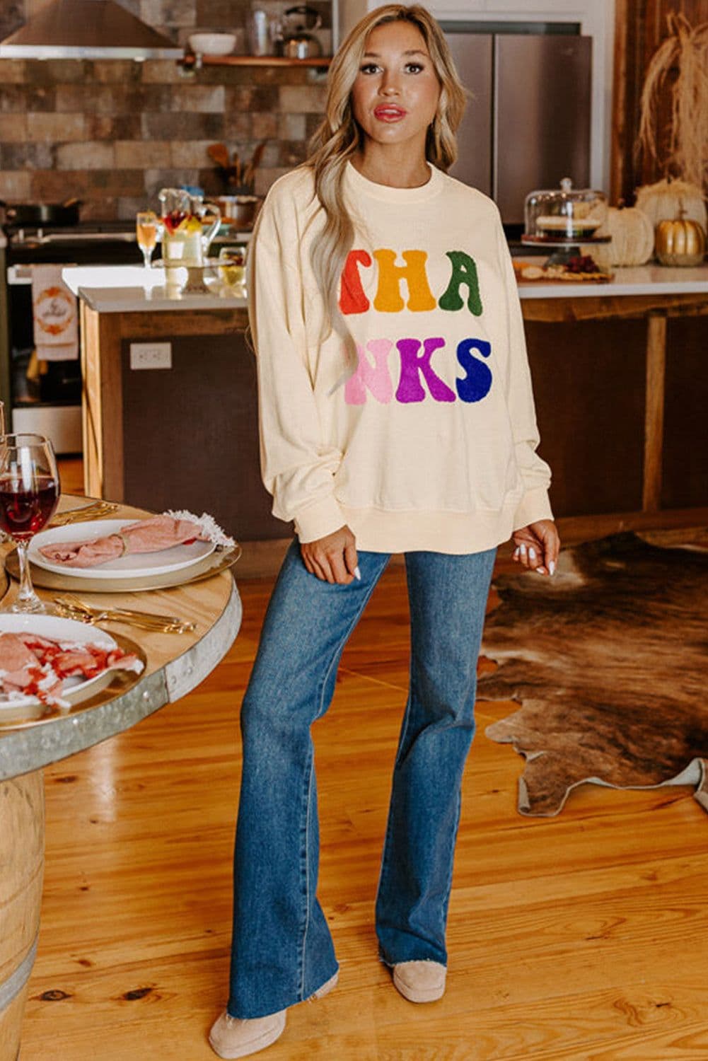 image-Apricot THANKS Chenille Embroidered Drop Shoulder Sweatshirt