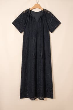 image-Black Floral Lace Overlay Tassel Tie Short Sleeve Beach Vacation Loose Maxi Dress
