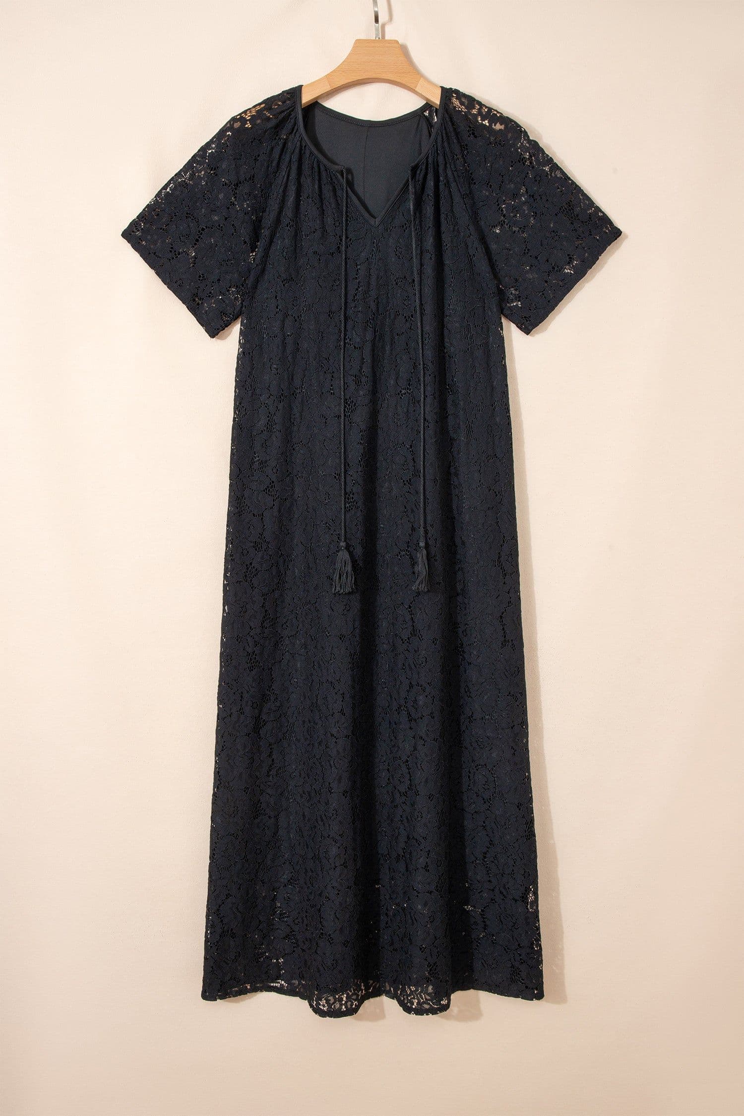 image-Black Floral Lace Overlay Tassel Tie Short Sleeve Beach Vacation Loose Maxi Dress