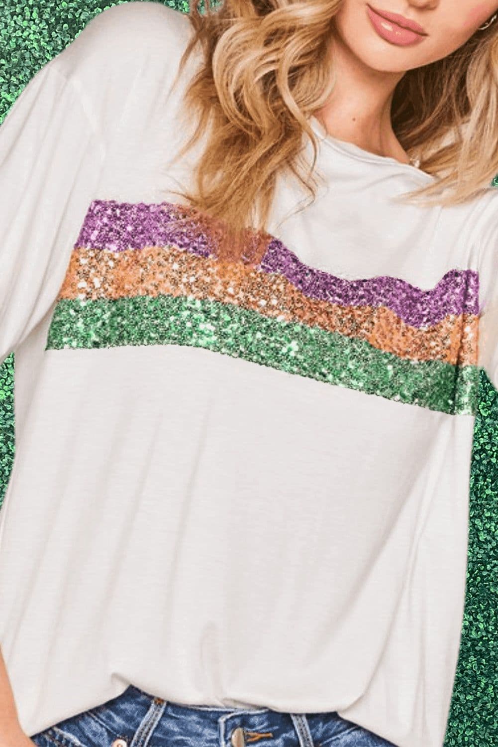 image-Black Sequin Stripes Patchwork Mardi Gras Crew Neck T Shirt