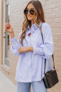 image-Sky Blue Striped Boyfriend Shirt with Pocket - Smocked Cuffs