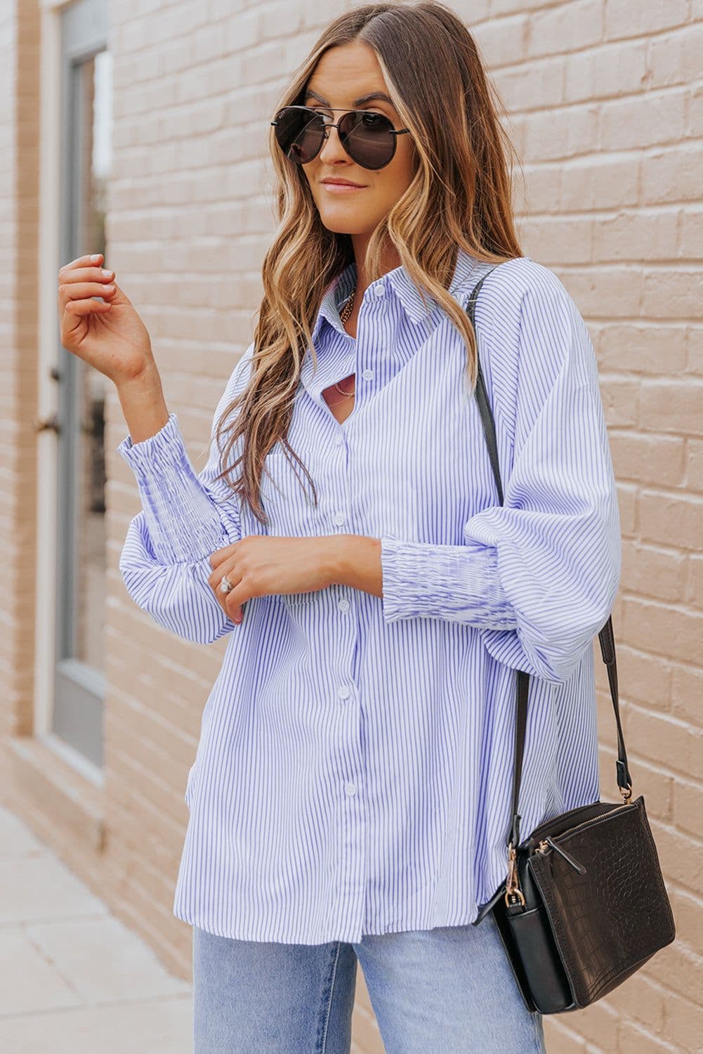 image-Sky Blue Striped Boyfriend Shirt with Pocket - Smocked Cuffs