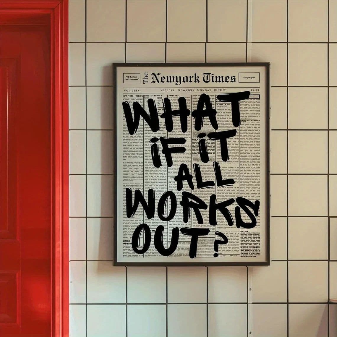 image-1PCS Modern Poster - "What If Everything Goes Well?" Black Positive Quote Printed on Newspaper Background, Decorative Poster