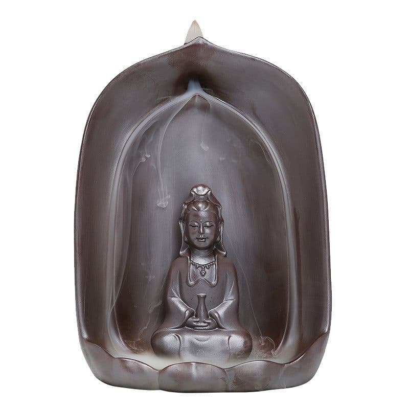 image-Guanyin Sitting Lotus Back Flow Incense Burner Ceramics For Buddha At Home