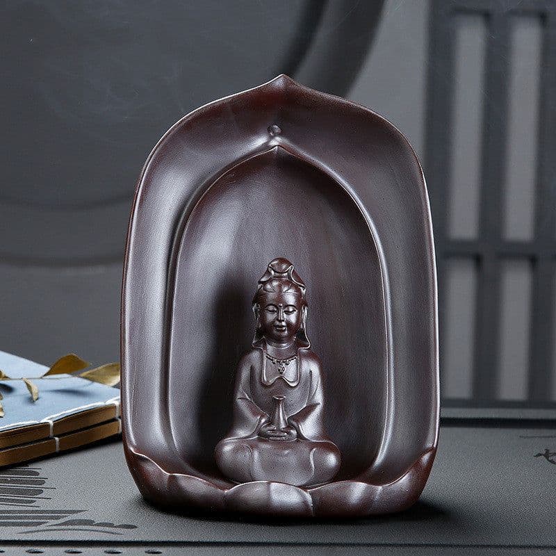 image-Guanyin Sitting Lotus Back Flow Incense Burner Ceramics For Buddha At Home