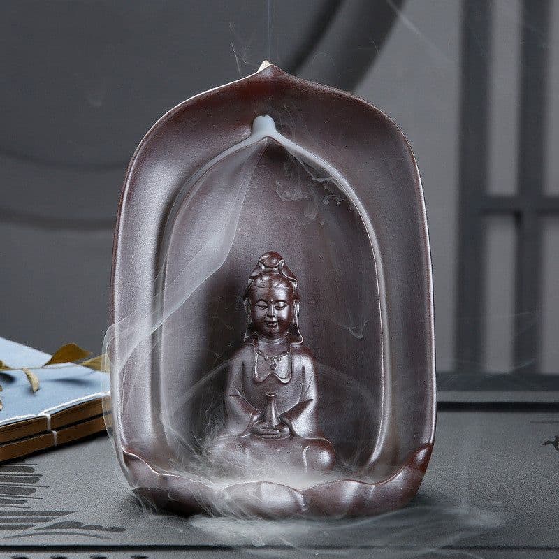 image-Guanyin Sitting Lotus Back Flow Incense Burner Ceramics For Buddha At Home