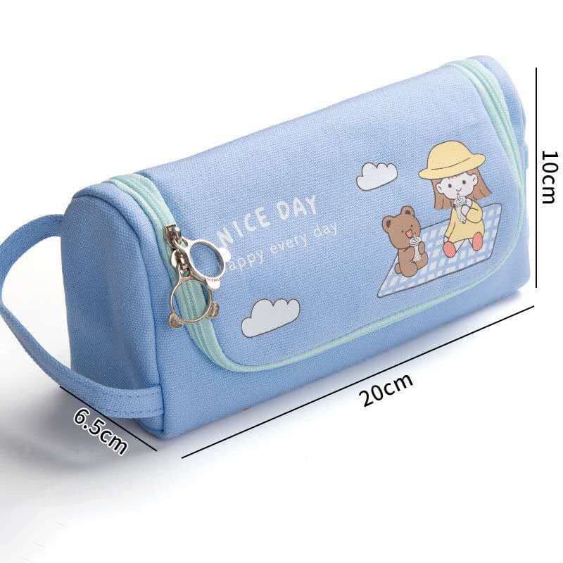 image-Canvas Pencil Case Large Capacity Simple Girl Japanese Cute Girl Heart Stationery Box Korean Pencil Case Multi-function