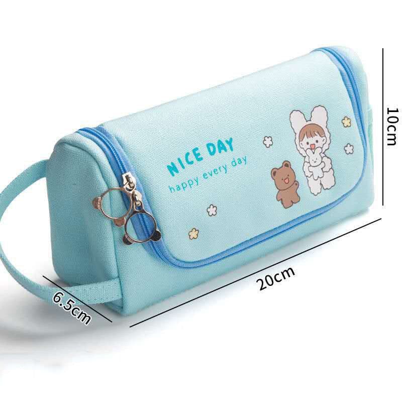 image-Canvas Pencil Case Large Capacity Simple Girl Japanese Cute Girl Heart Stationery Box Korean Pencil Case Multi-function