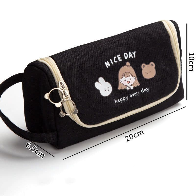 image-Canvas Pencil Case Large Capacity Simple Girl Japanese Cute Girl Heart Stationery Box Korean Pencil Case Multi-function
