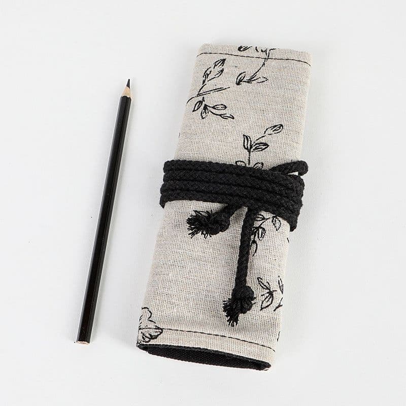 image-Black Peony Hefeng Printed Canvas Pencil Curtain High Capacity Pencil Roll Bag