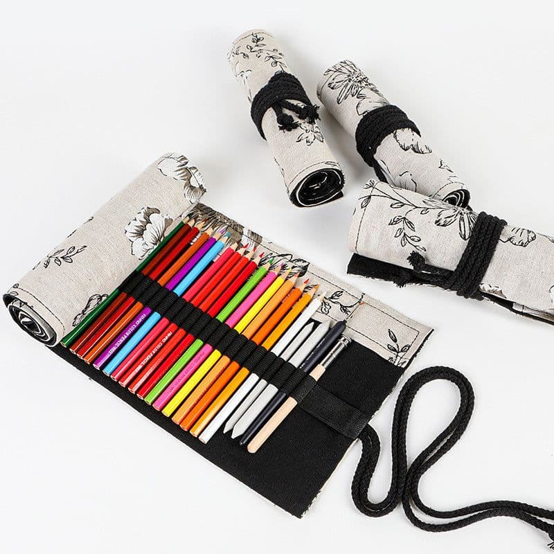 image-Black Peony Hefeng Printed Canvas Pencil Curtain High Capacity Pencil Roll Bag