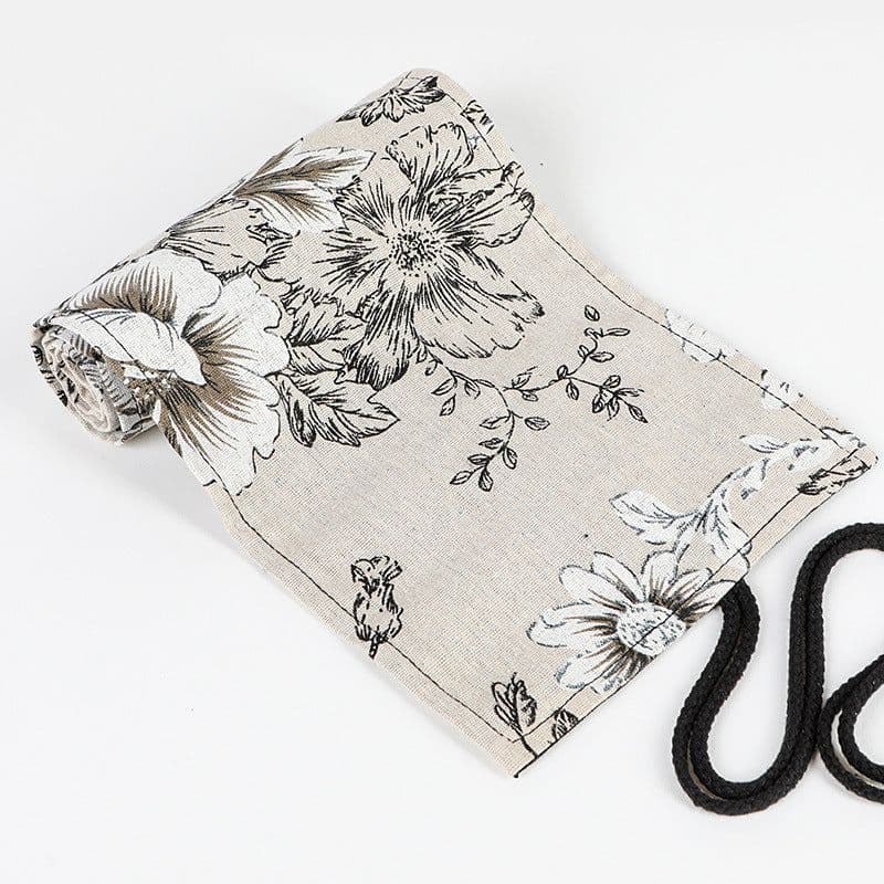 image-Black Peony Hefeng Printed Canvas Pencil Curtain High Capacity Pencil Roll Bag