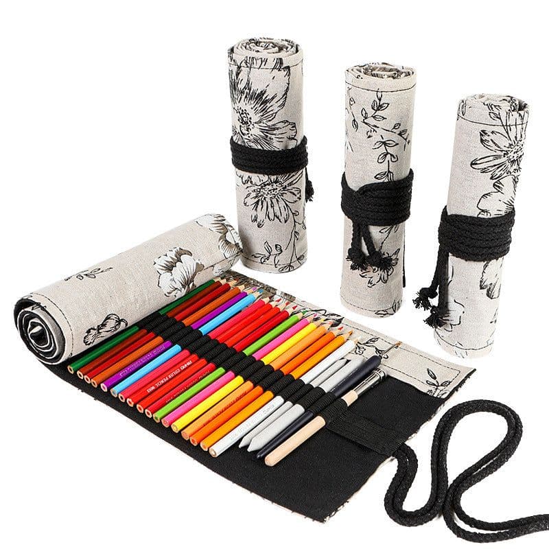 image-Black Peony Hefeng Printed Canvas Pencil Curtain High Capacity Pencil Roll Bag