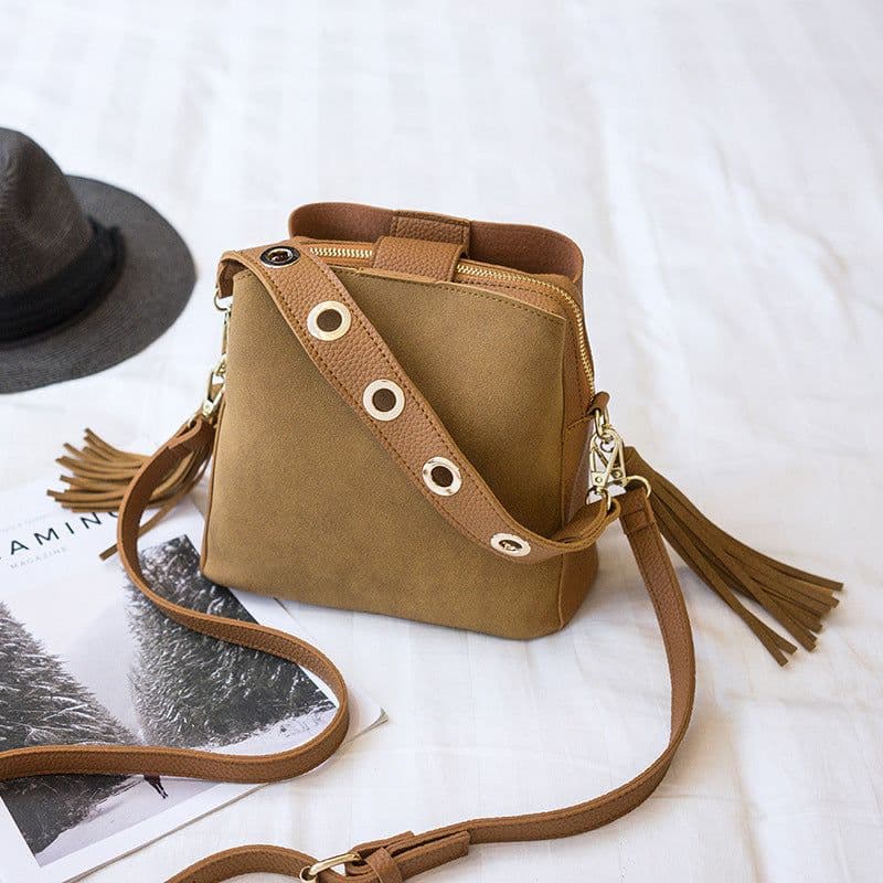 image-Spring new frosted tassel bucket bag Korean version of the wild shoulder bag female handkerchief retro Messenger