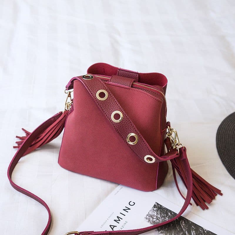 image-Spring new frosted tassel bucket bag Korean version of the wild shoulder bag female handkerchief retro Messenger
