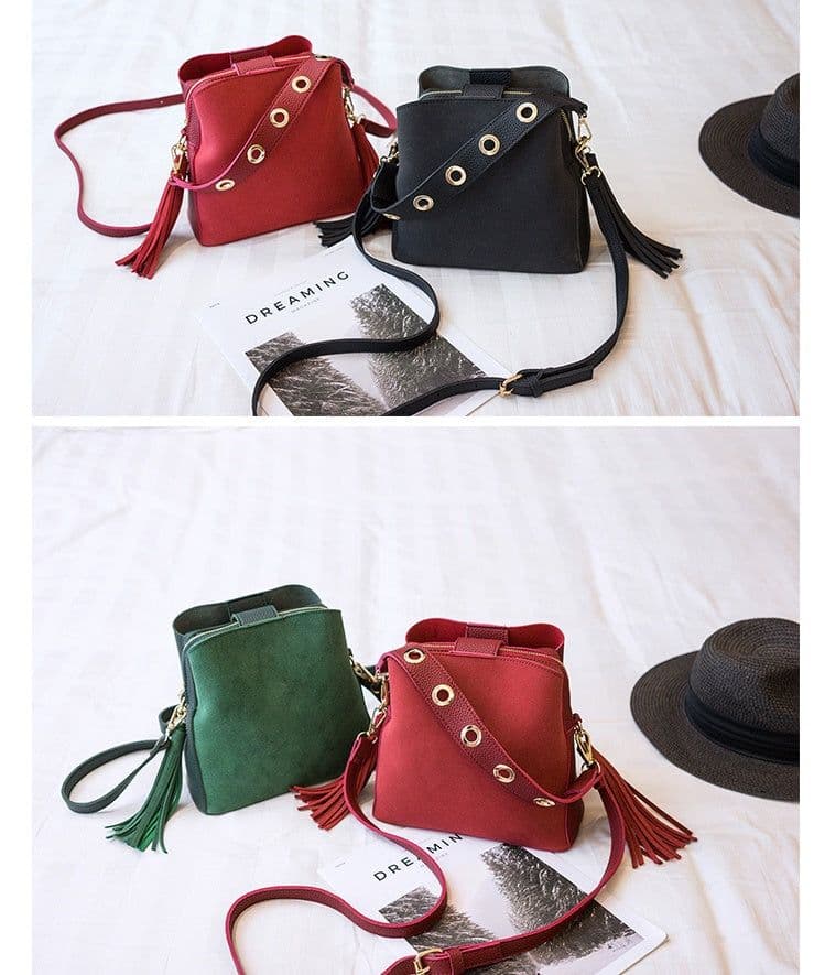 image-Spring new frosted tassel bucket bag Korean version of the wild shoulder bag female handkerchief retro Messenger