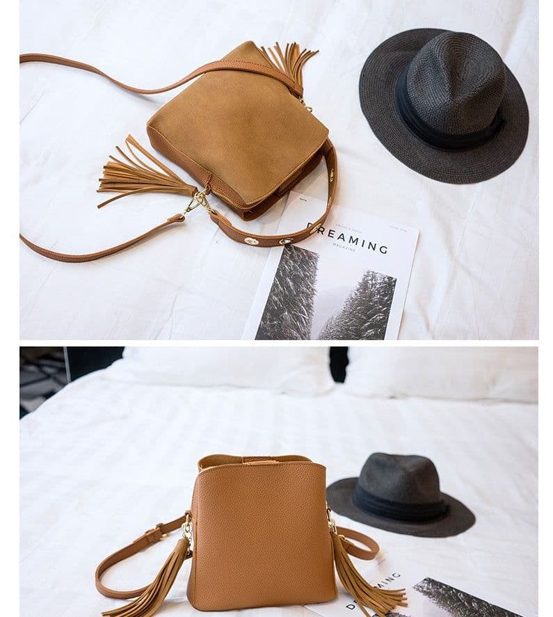 image-Spring new frosted tassel bucket bag Korean version of the wild shoulder bag female handkerchief retro Messenger