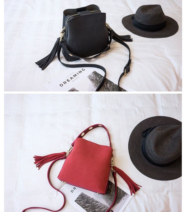 image-Spring new frosted tassel bucket bag Korean version of the wild shoulder bag female handkerchief retro Messenger