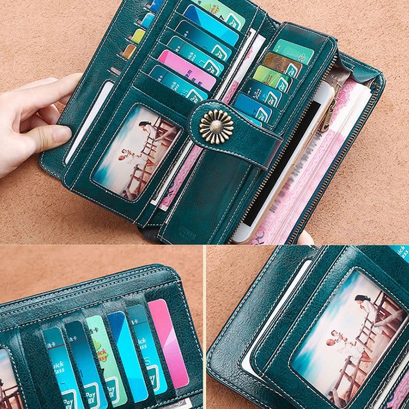 image-Hollow Women Clutch Leather Wallet Female Long Wallet Women Zipper Purse Strap Money Bag Purse