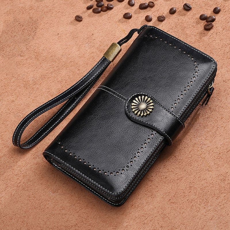 image-Hollow Women Clutch Leather Wallet Female Long Wallet Women Zipper Purse Strap Money Bag Purse